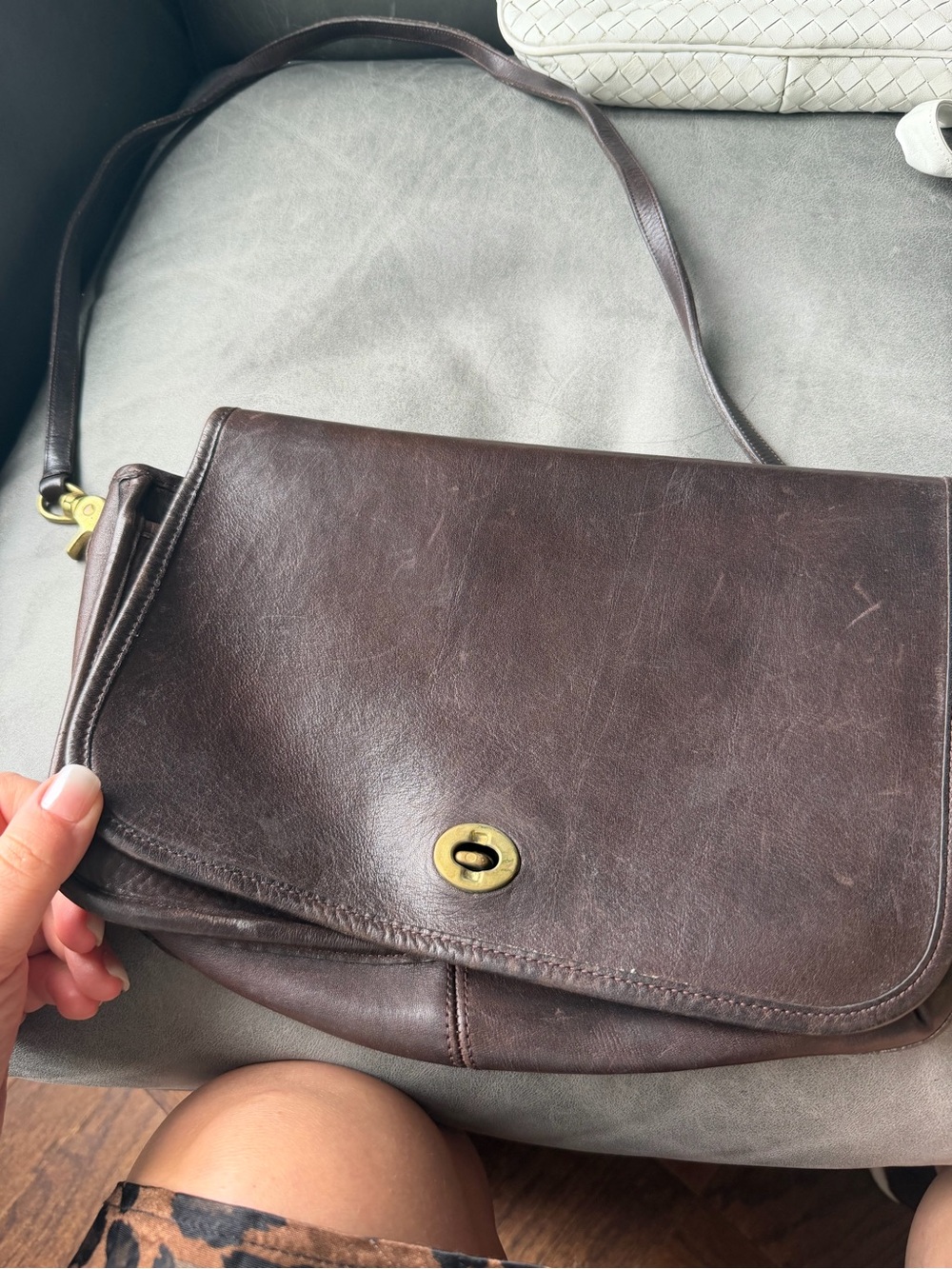 Coach Dark Brown Leather Messenger Bag with Brass Turn-Lock